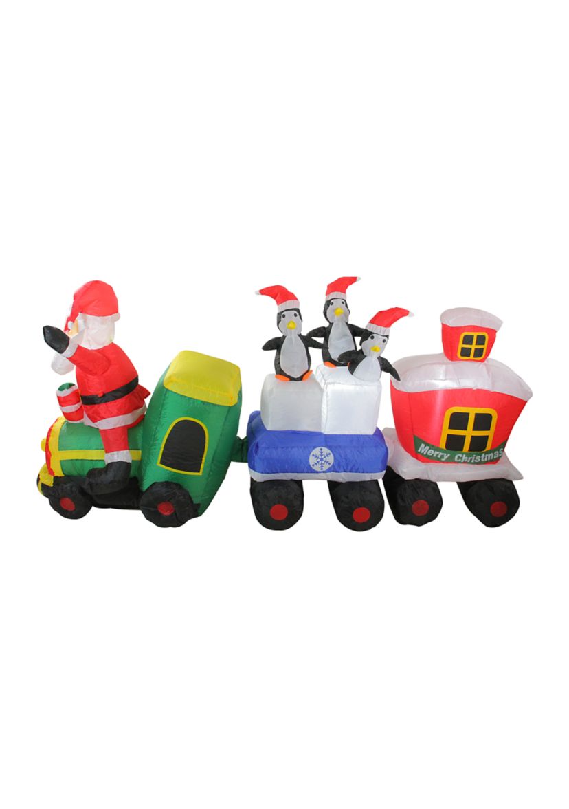 6.5 Red and Green Inflatable Santa and Penguins on Train Lighted Outdoor Christmas Decoration