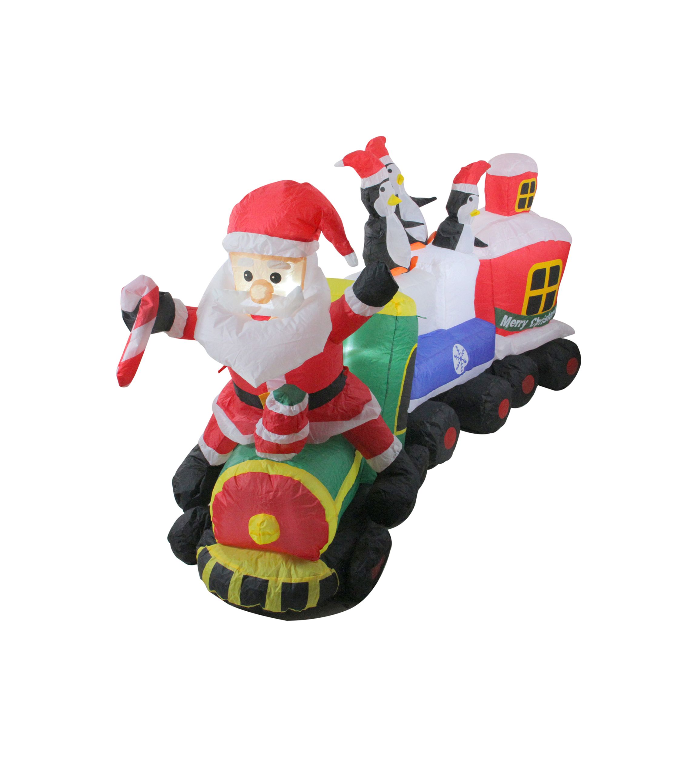 6.5 Red and Green Inflatable Santa and Penguins on Train Lighted Outdoor Christmas Decoration