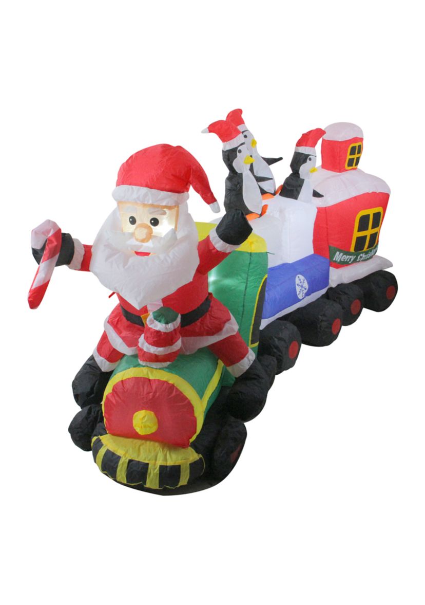 6.5 Red and Green Inflatable Santa and Penguins on Train Lighted Outdoor Christmas Decoration