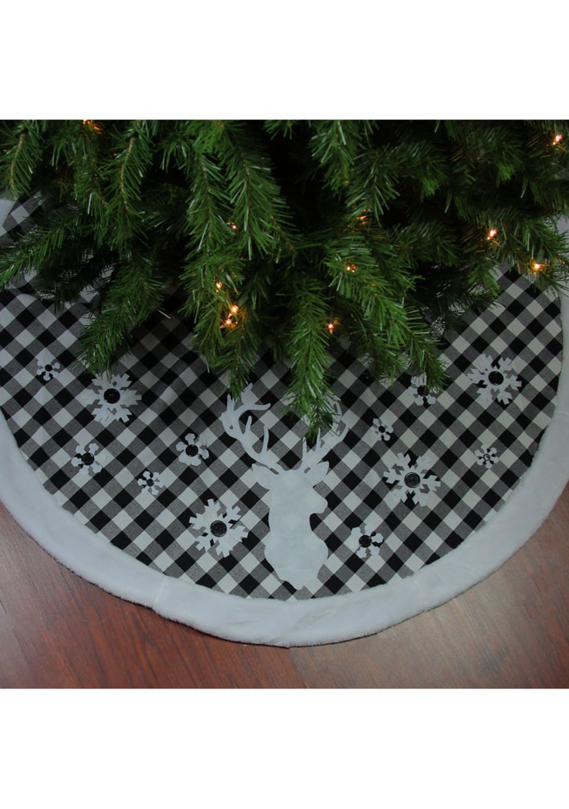 48Inch Black and White Plaid Reindeer Christmas Tree Skirt