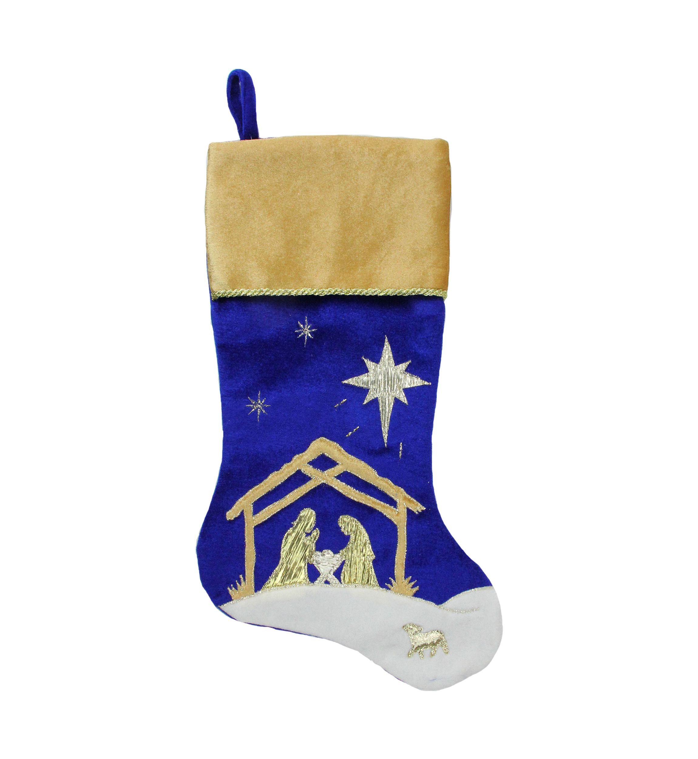20.5Inch Blue and Gold Nativity Scene Christmas Stocking with Gold Cuff