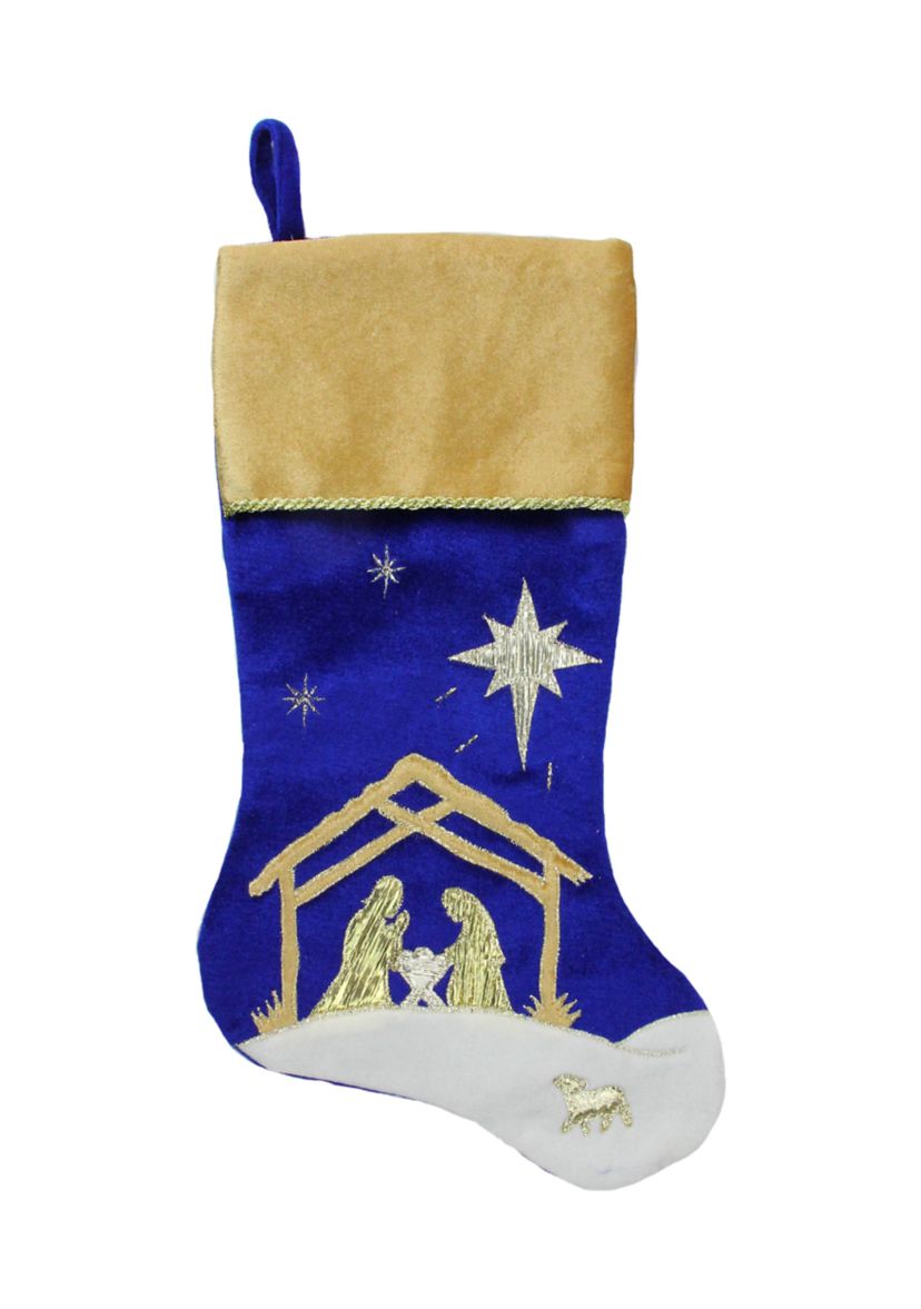 20.5Inch Blue and Gold Nativity Scene Christmas Stocking with Gold Cuff