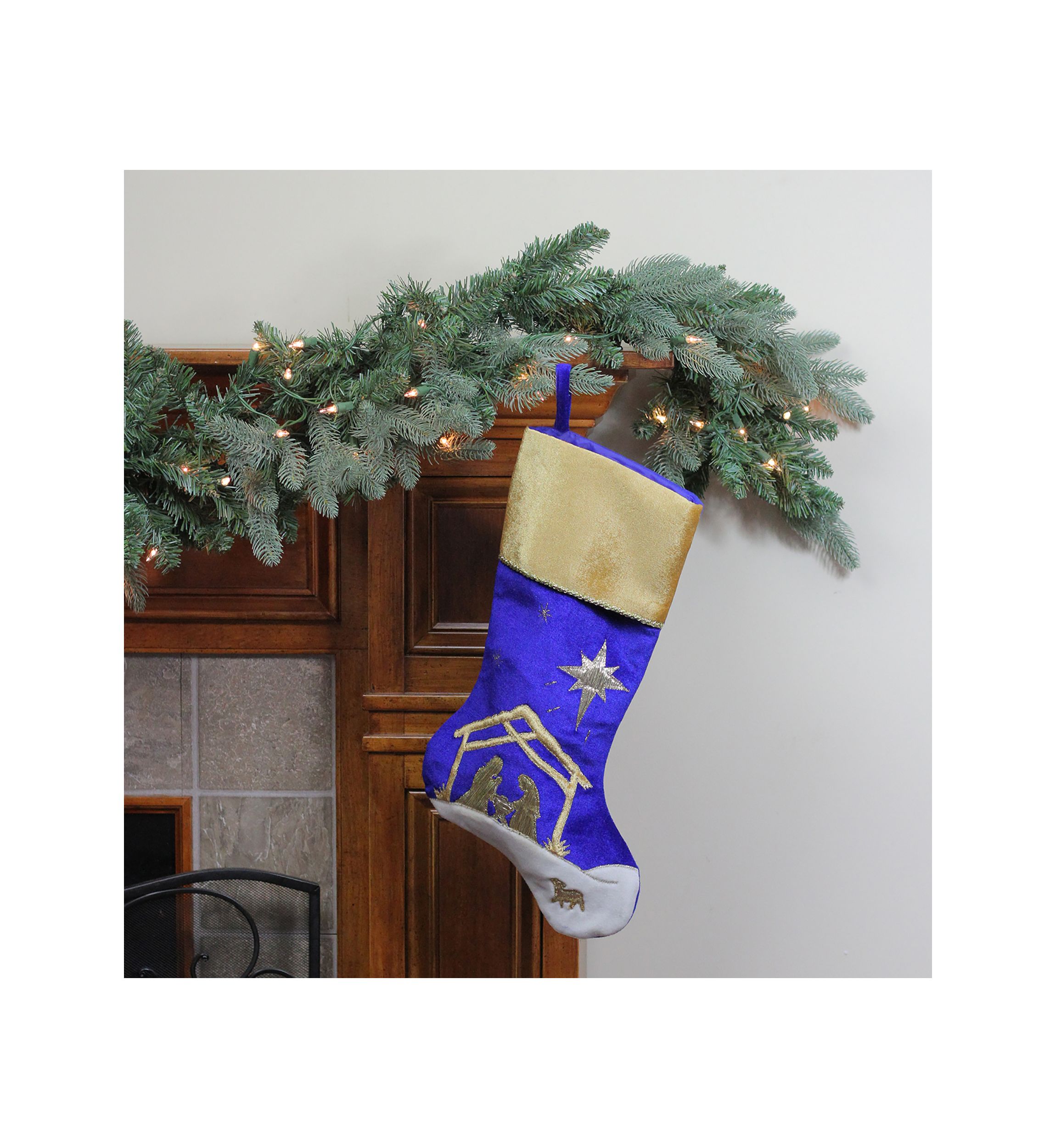 20.5Inch Blue and Gold Nativity Scene Christmas Stocking with Gold Cuff