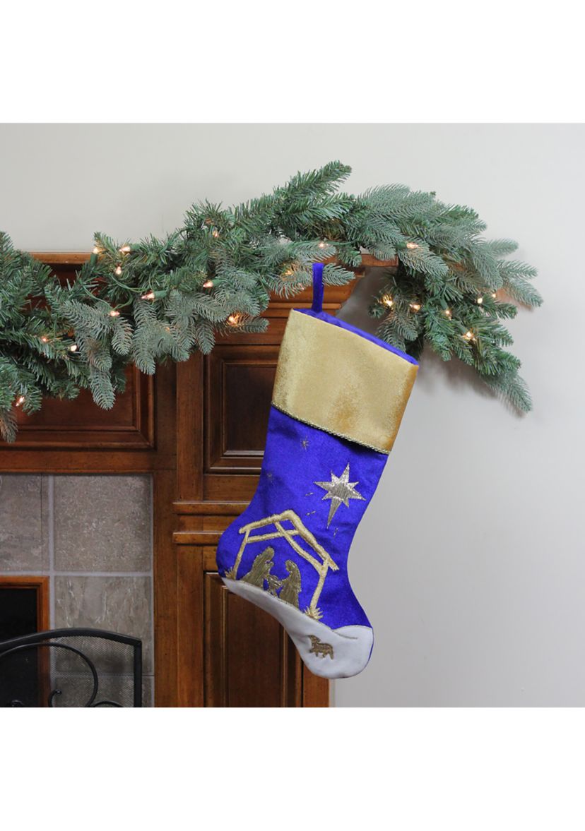 20.5Inch Blue and Gold Nativity Scene Christmas Stocking with Gold Cuff
