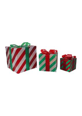 Set of 3 Red and Green Striped Gift Boxes Outdoor Christmas Decorations 8Inch g