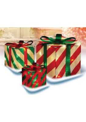 Set of 3 Red and Green Striped Gift Boxes Outdoor Christmas Decorations 8Inch g