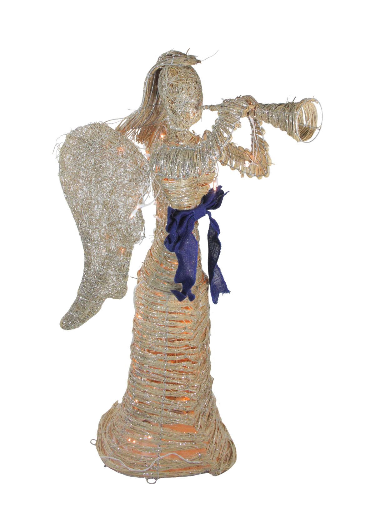 4.25 Lighted Silver and Beige Glitter Dusted Angel with Horn Outdoor Christmas Yard Art Decor