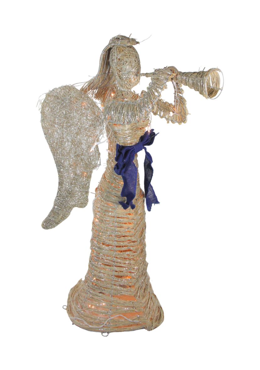 4.25 Lighted Silver and Beige Glitter Dusted Angel with Horn Outdoor Christmas Yard Art Decor