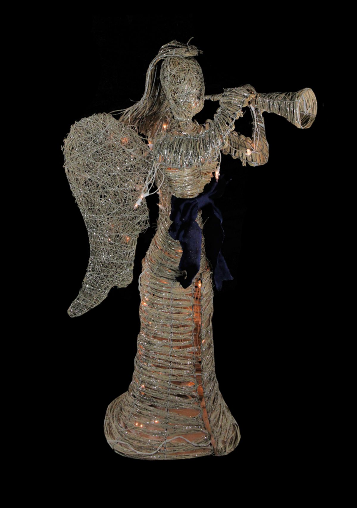 4.25 Lighted Silver and Beige Glitter Dusted Angel with Horn Outdoor Christmas Yard Art Decor