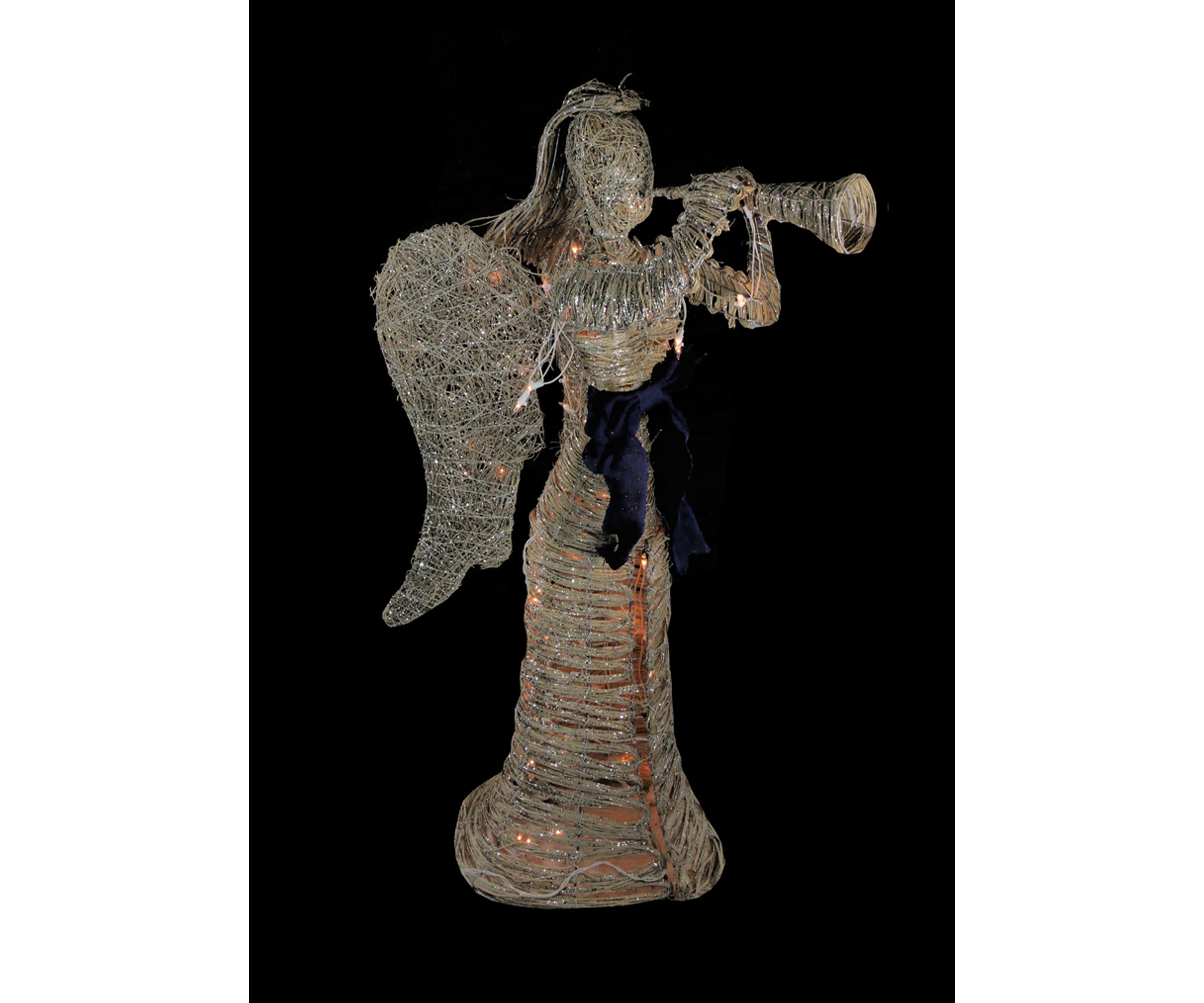 4.25 Lighted Silver and Beige Glitter Dusted Angel with Horn Outdoor Christmas Yard Art Decor