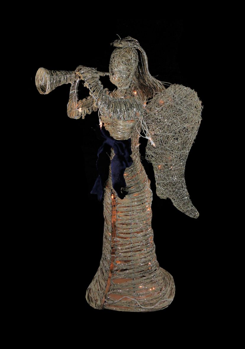 4.25 Lighted Silver and Beige Glitter Dusted Angel with Horn Outdoor Christmas Yard Art Decor