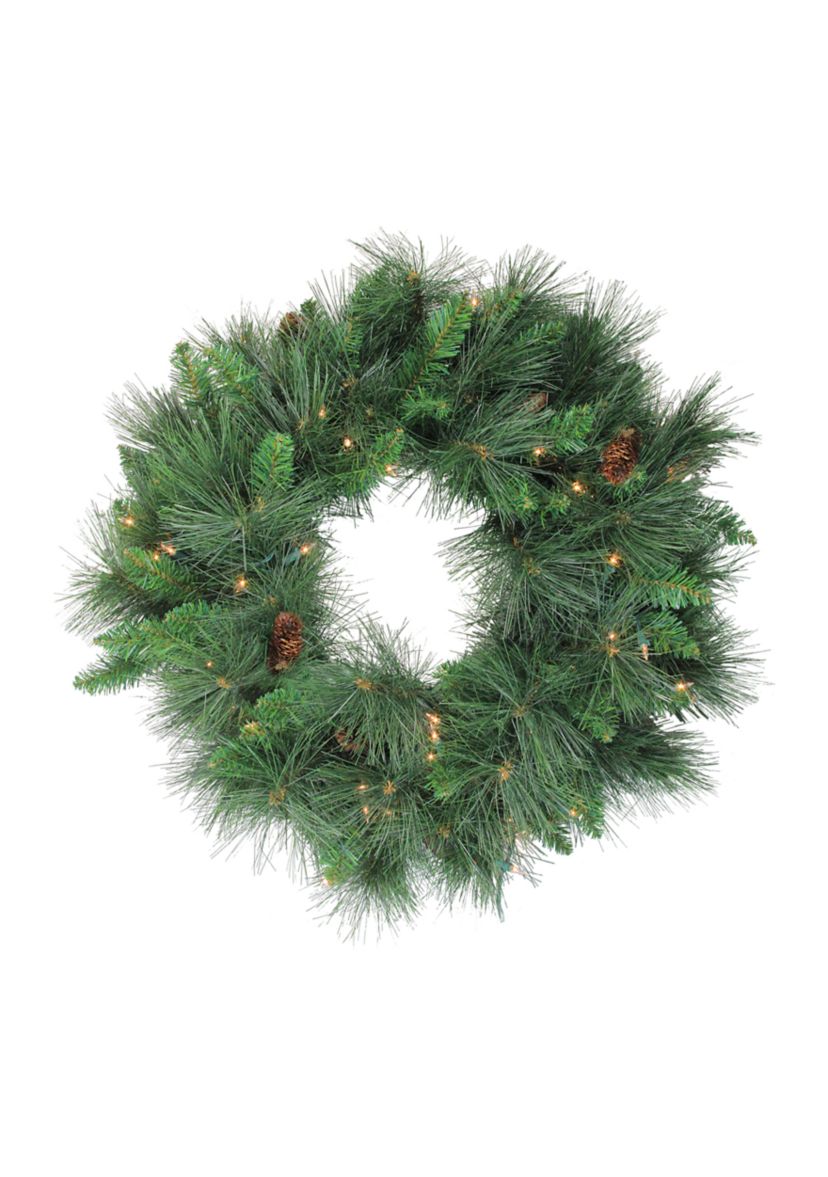 Pre-Lit White Valley Pine Artificial Christmas Wreath  24-Inch  Clear Lights