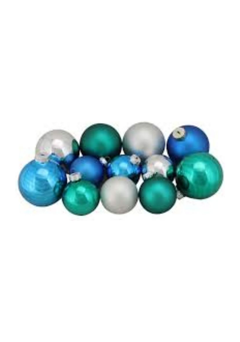 72ct Turquoise Blue and Silver 2-Finish Glass Christmas Ball Ornaments 4" (100mm)