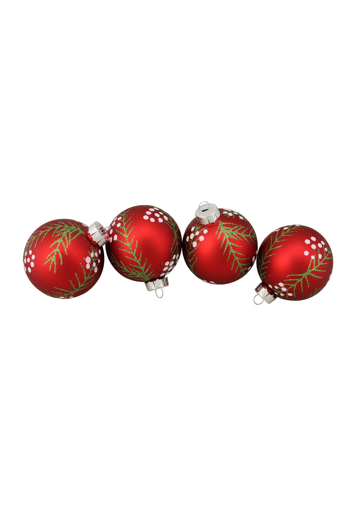 4ct Matte Red with Pine Needles Glass Christmas Ball Ornaments 3.25Inch (80mm)