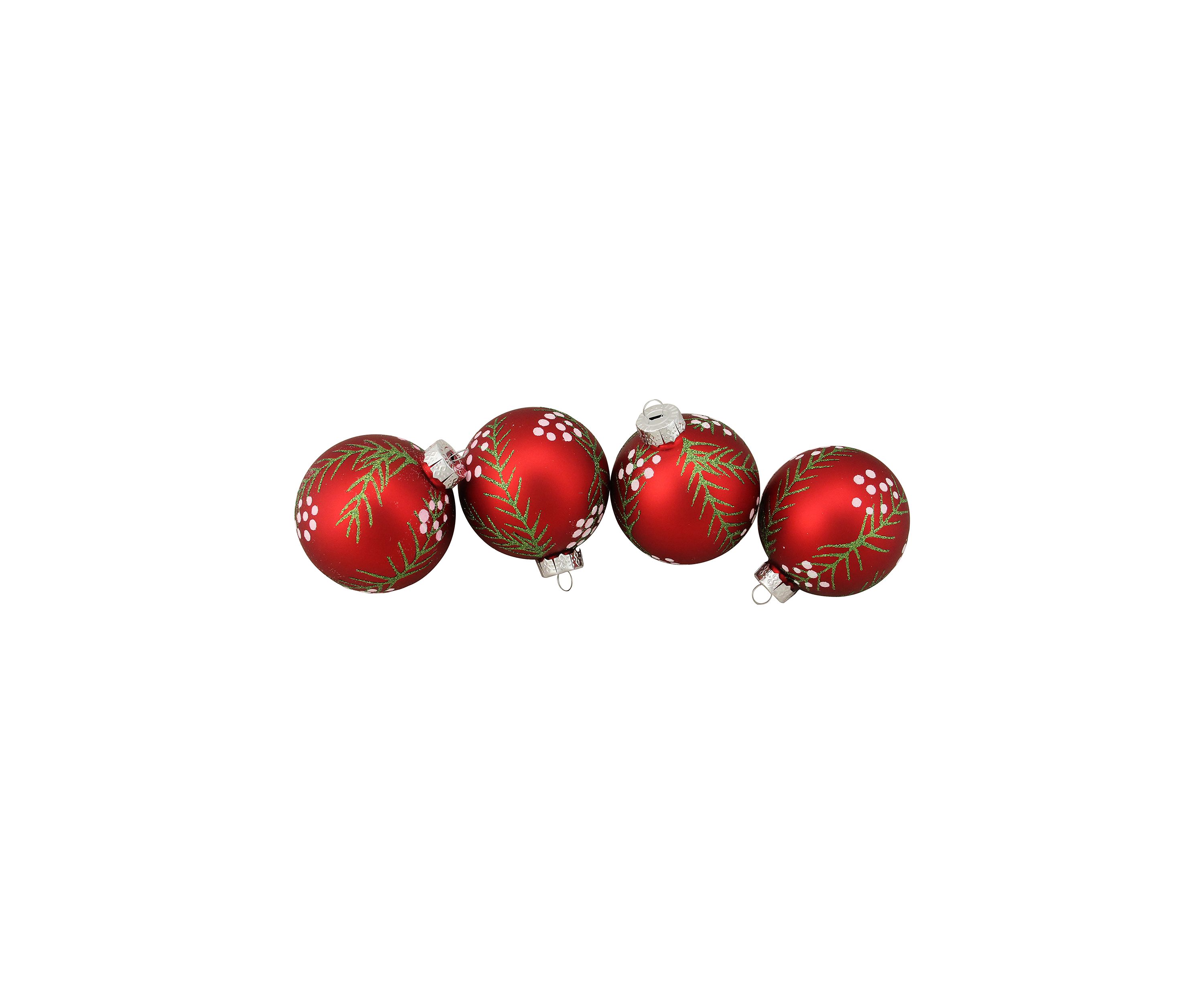 4ct Matte Red with Pine Needles Glass Christmas Ball Ornaments 3.25Inch (80mm)
