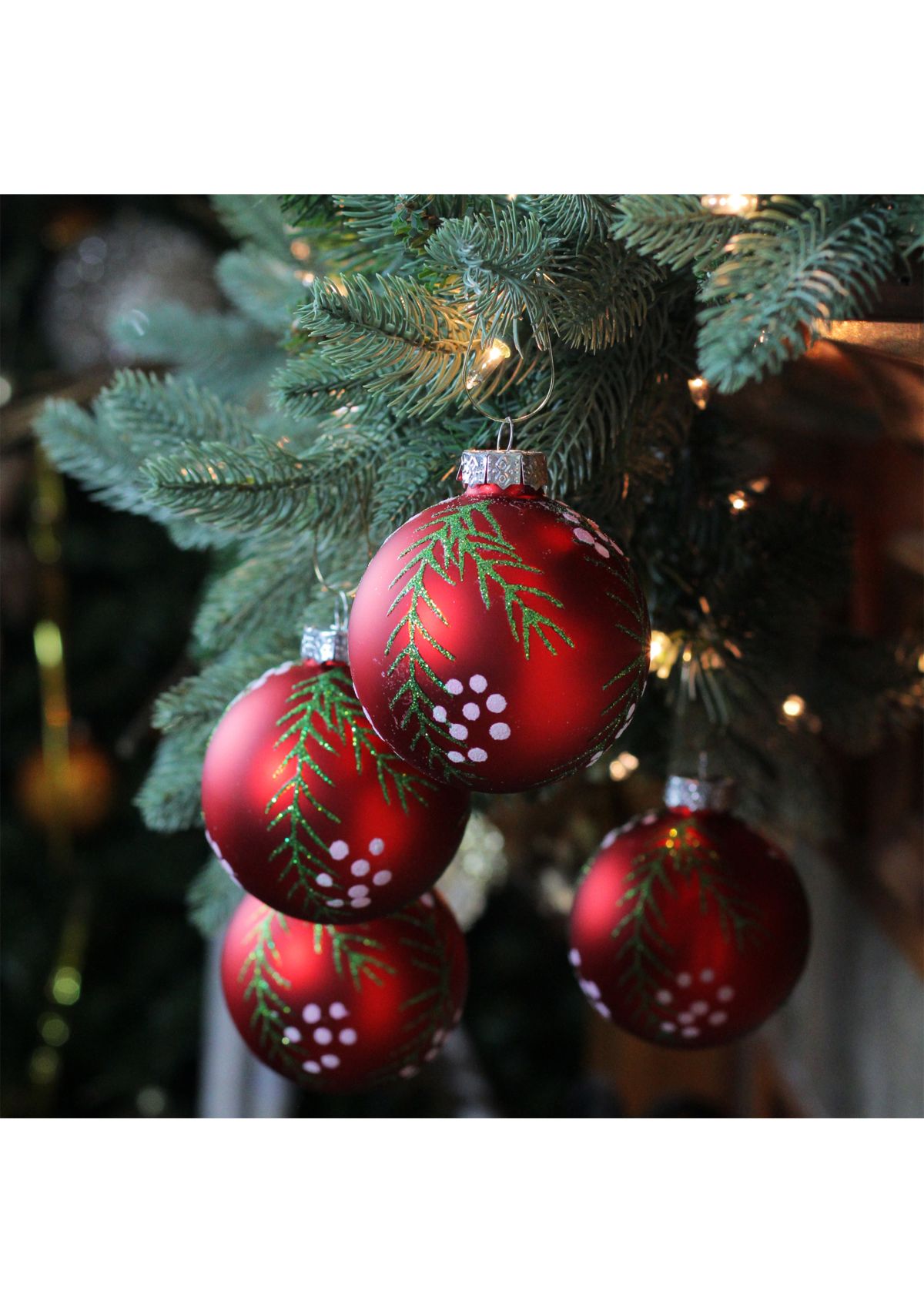 4ct Matte Red with Pine Needles Glass Christmas Ball Ornaments 3.25Inch (80mm)