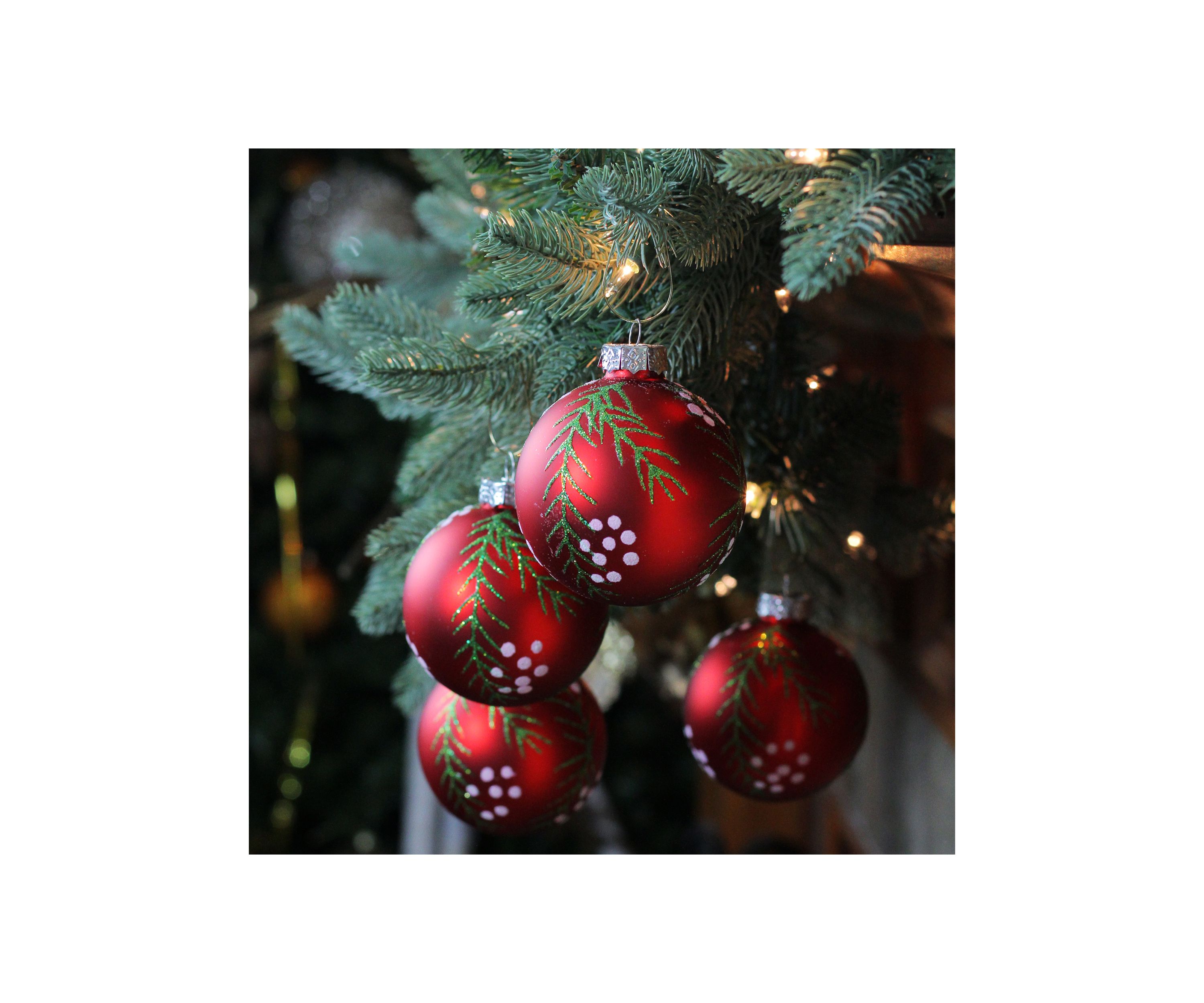 4ct Matte Red with Pine Needles Glass Christmas Ball Ornaments 3.25Inch (80mm)