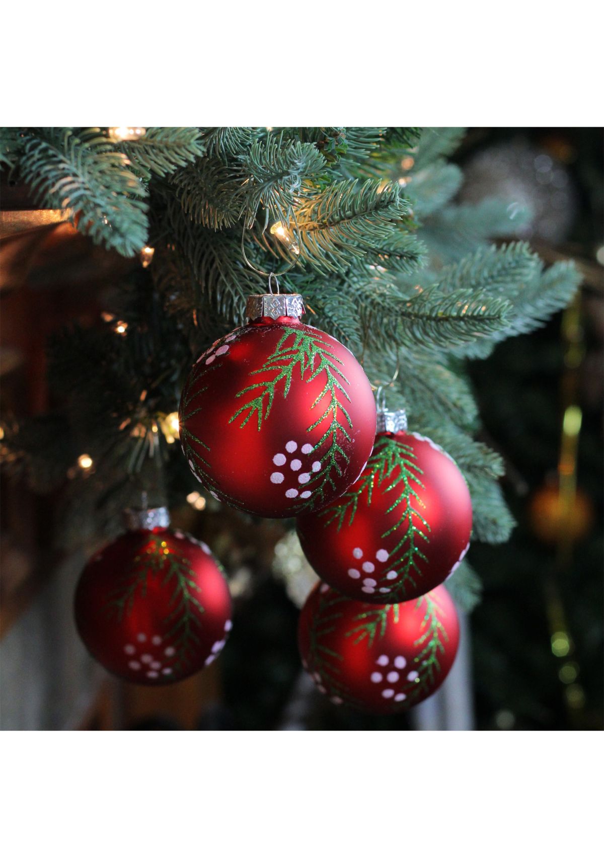 4ct Matte Red with Pine Needles Glass Christmas Ball Ornaments 3.25Inch (80mm)