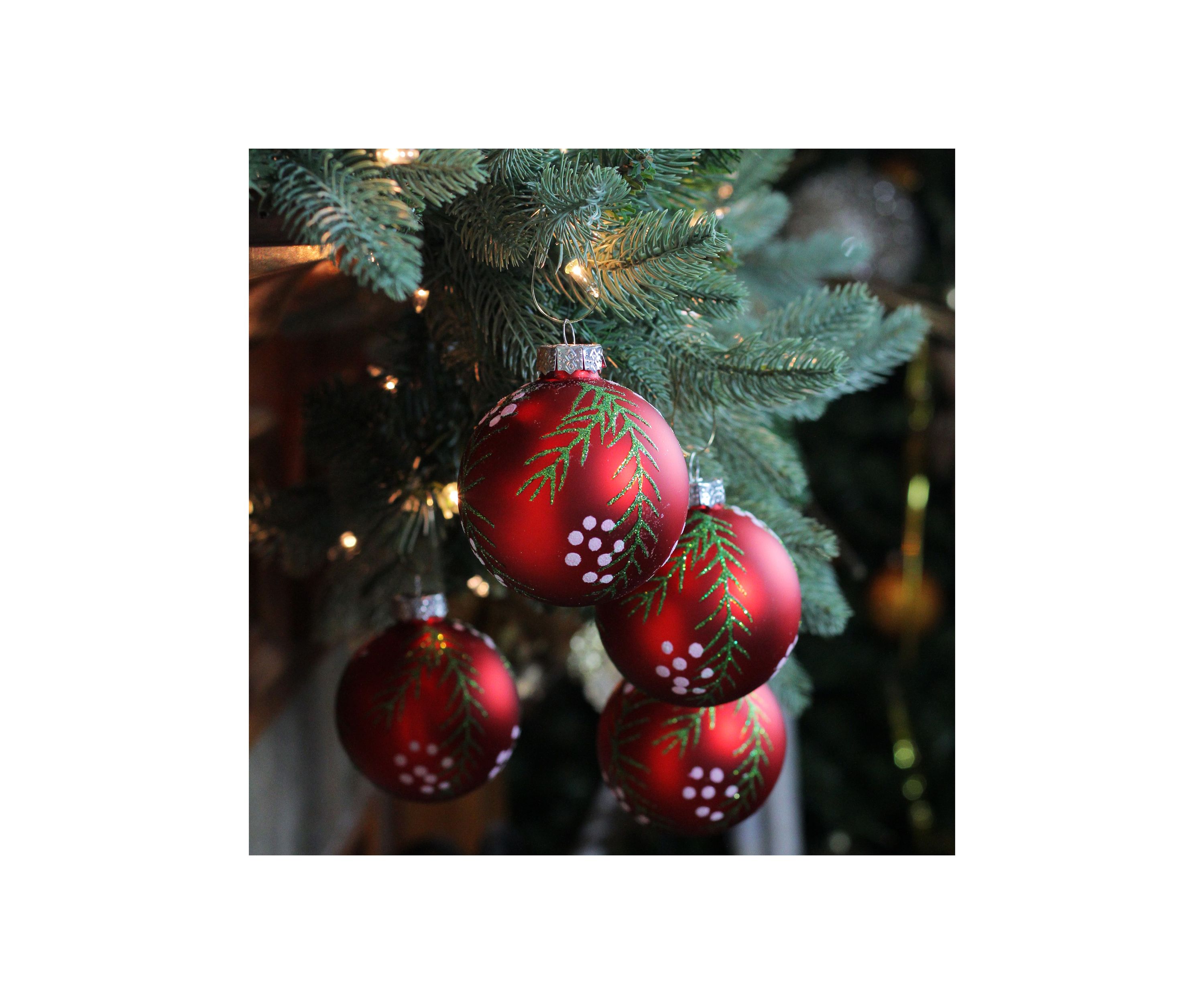 4ct Matte Red with Pine Needles Glass Christmas Ball Ornaments 3.25Inch (80mm)