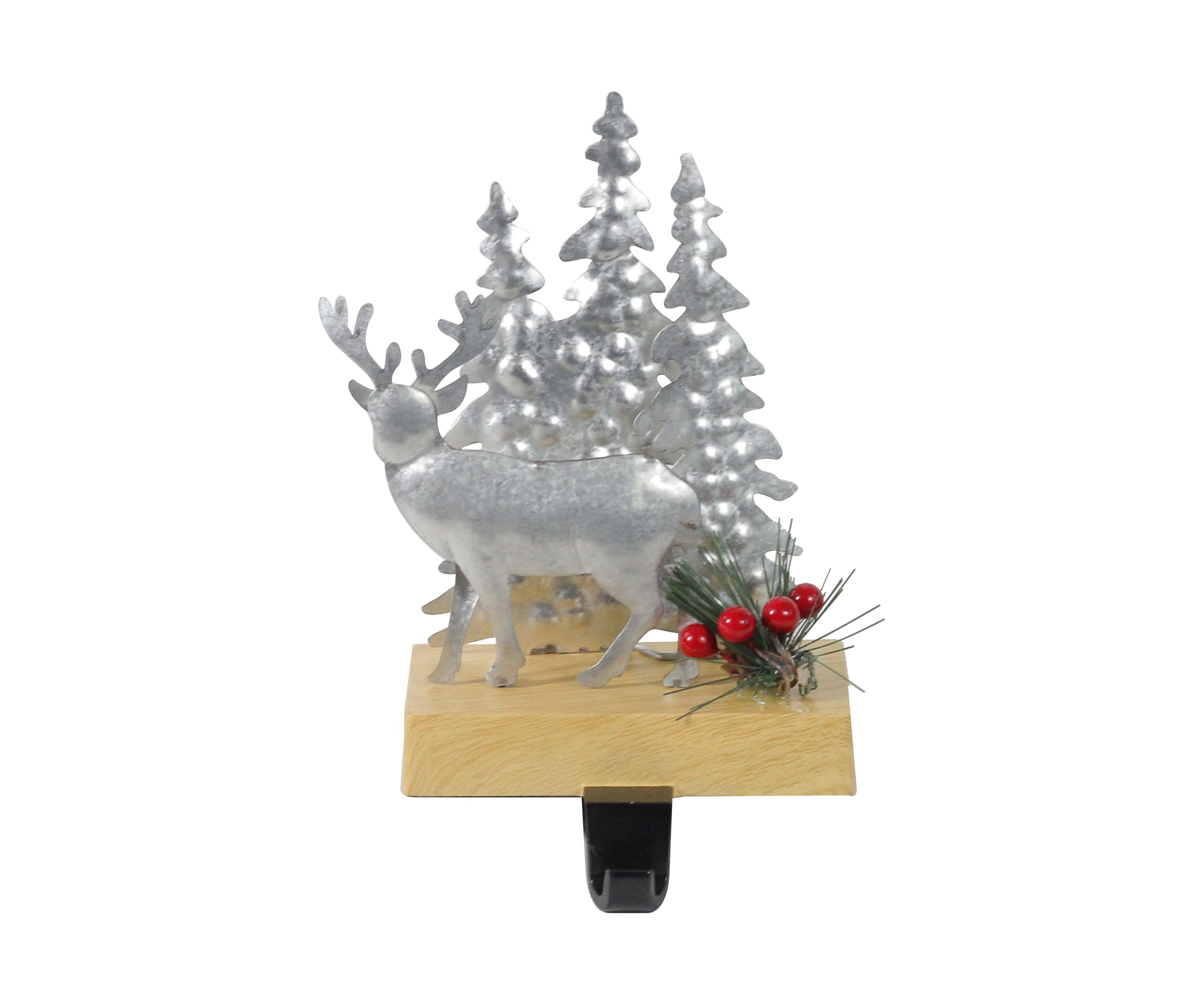 8.5Inch Silver and Brown Galvanized Metal Deer with Trees Christmas Stocking Holder