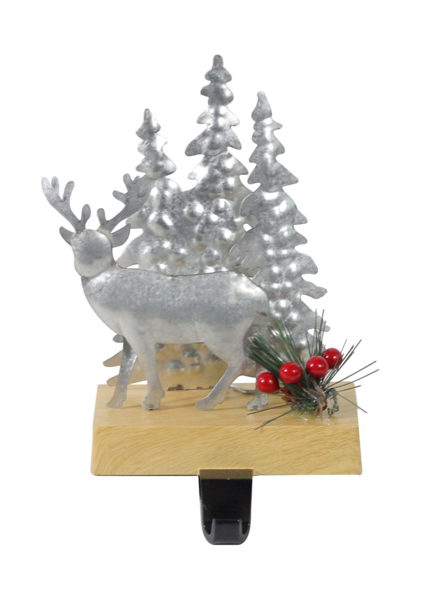 8.5Inch Silver and Brown Galvanized Metal Deer with Trees Christmas Stocking Holder