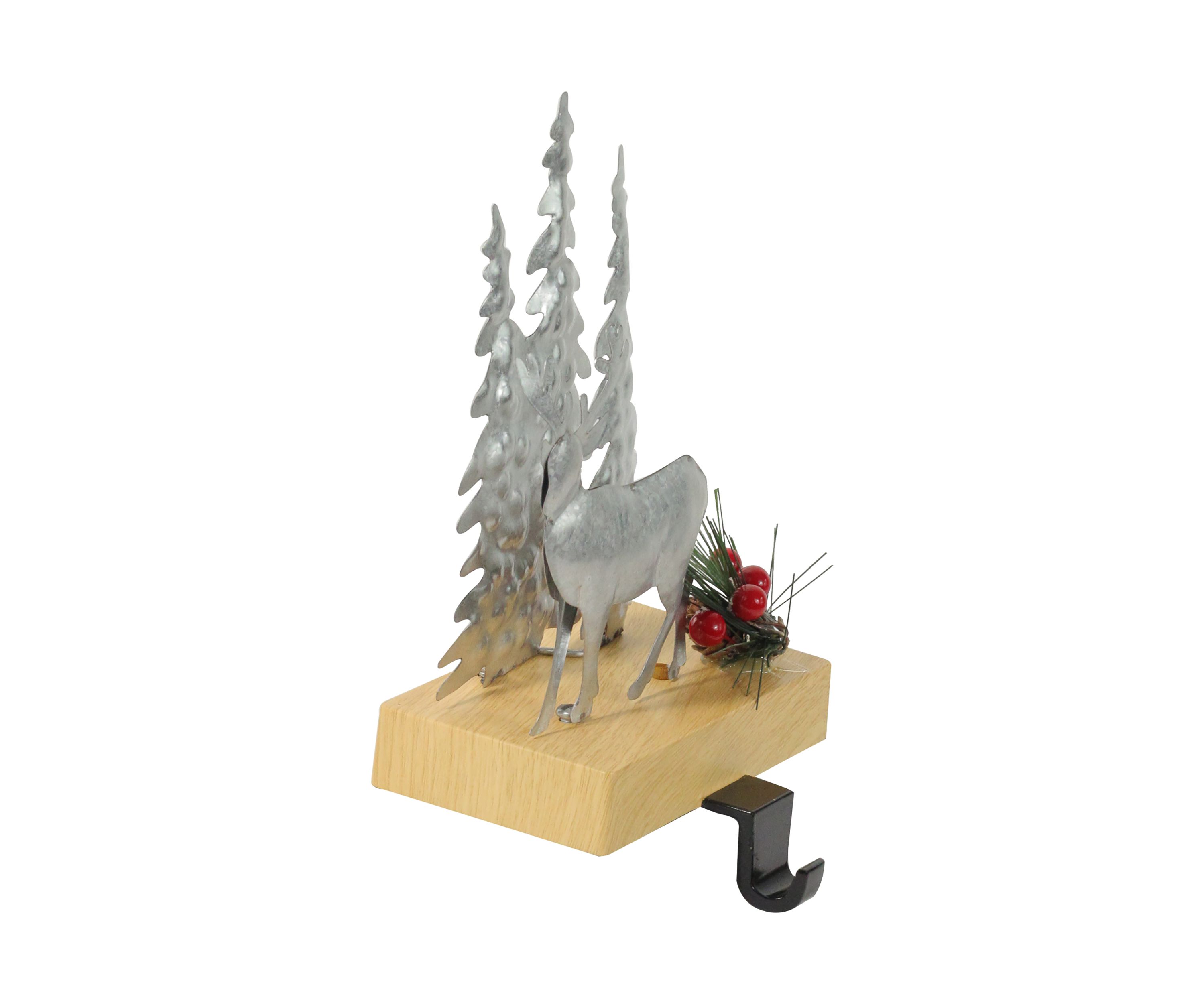 8.5Inch Silver and Brown Galvanized Metal Deer with Trees Christmas Stocking Holder