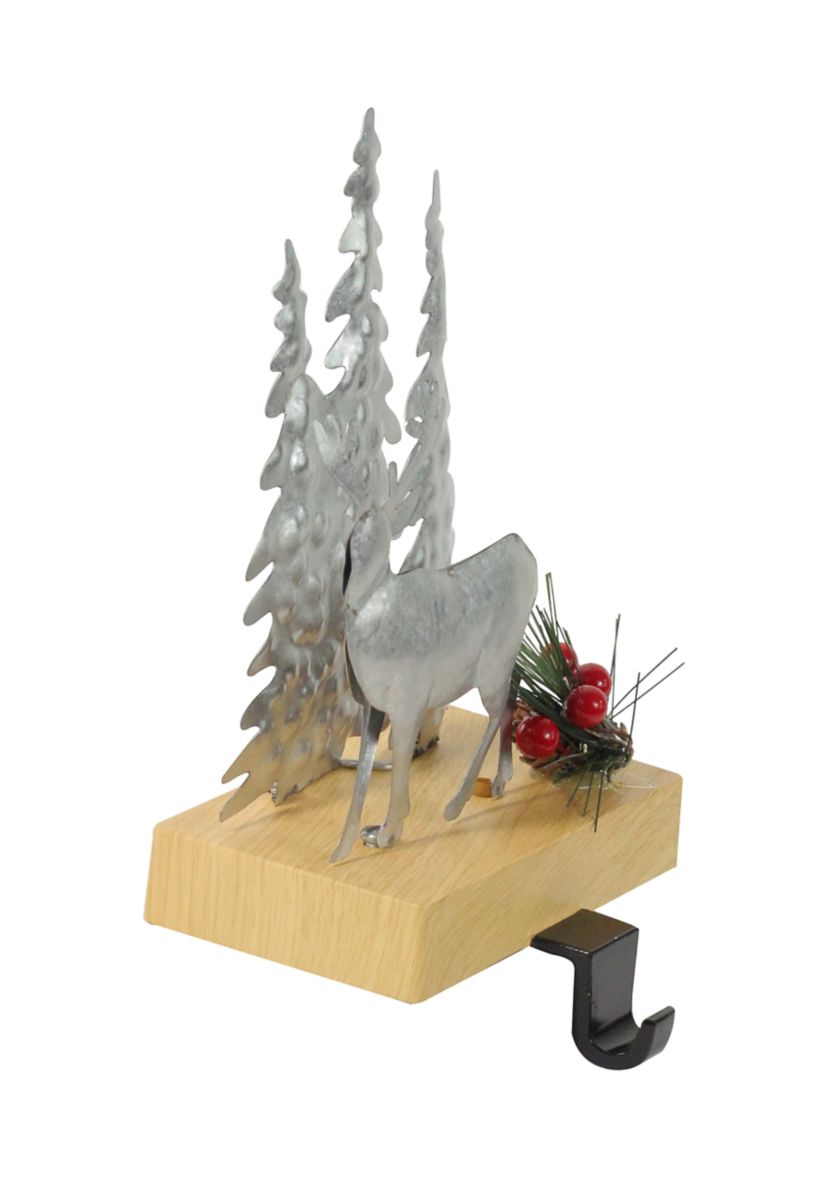 8.5Inch Silver and Brown Galvanized Metal Deer with Trees Christmas Stocking Holder