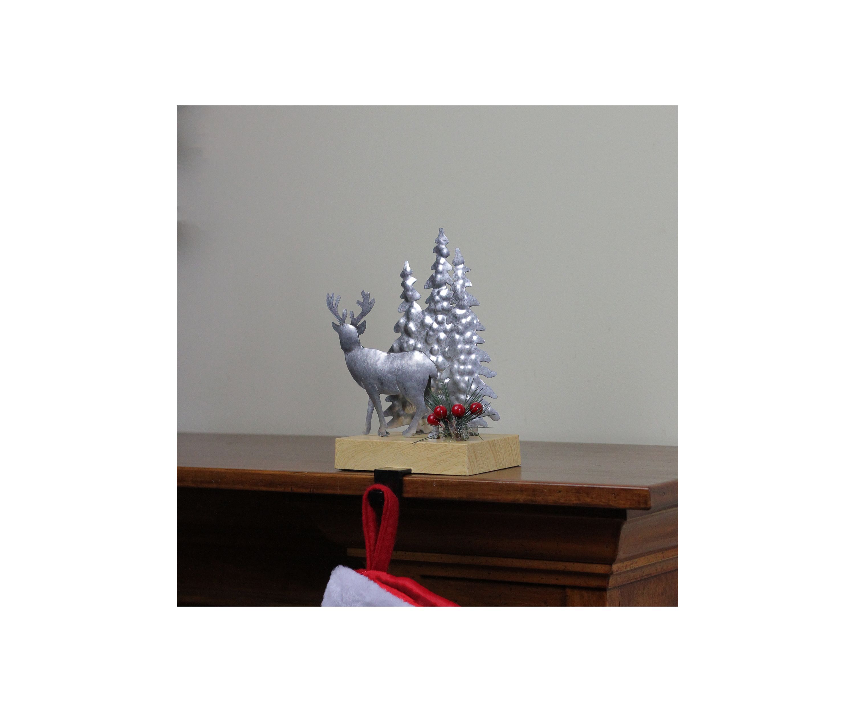 8.5Inch Silver and Brown Galvanized Metal Deer with Trees Christmas Stocking Holder