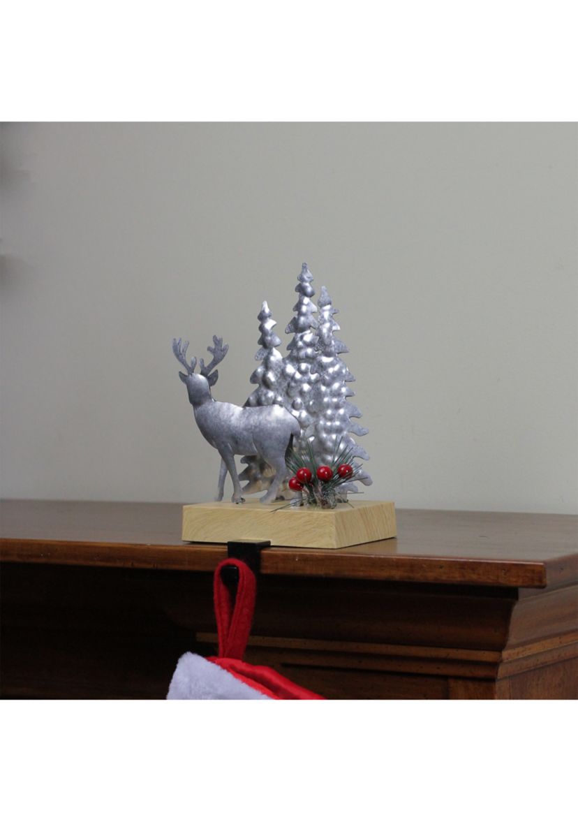8.5Inch Silver and Brown Galvanized Metal Deer with Trees Christmas Stocking Holder