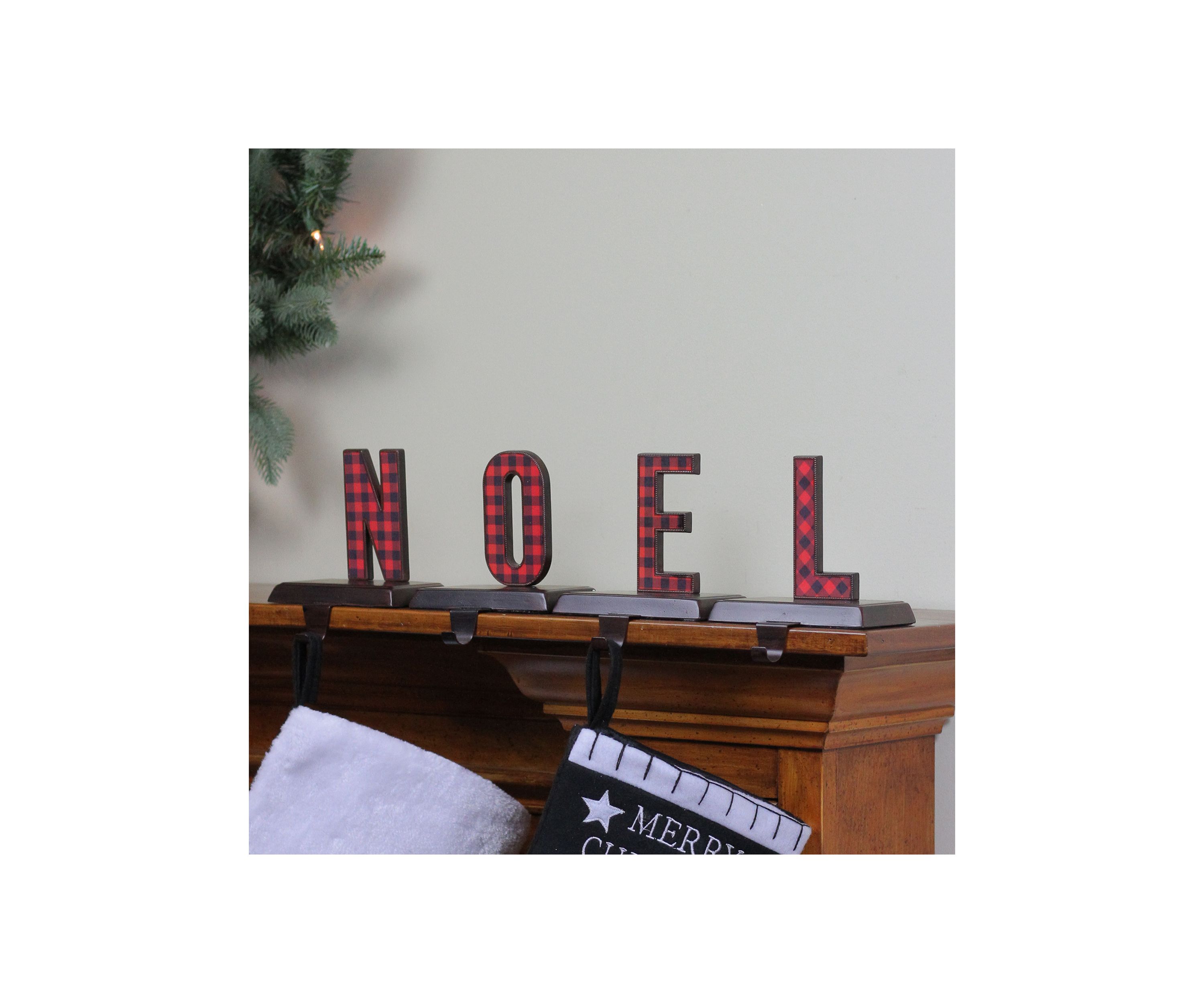Set of 4 Red and Black Buffalo Plaid InchNOELInch Christmas Stocking Holder 6