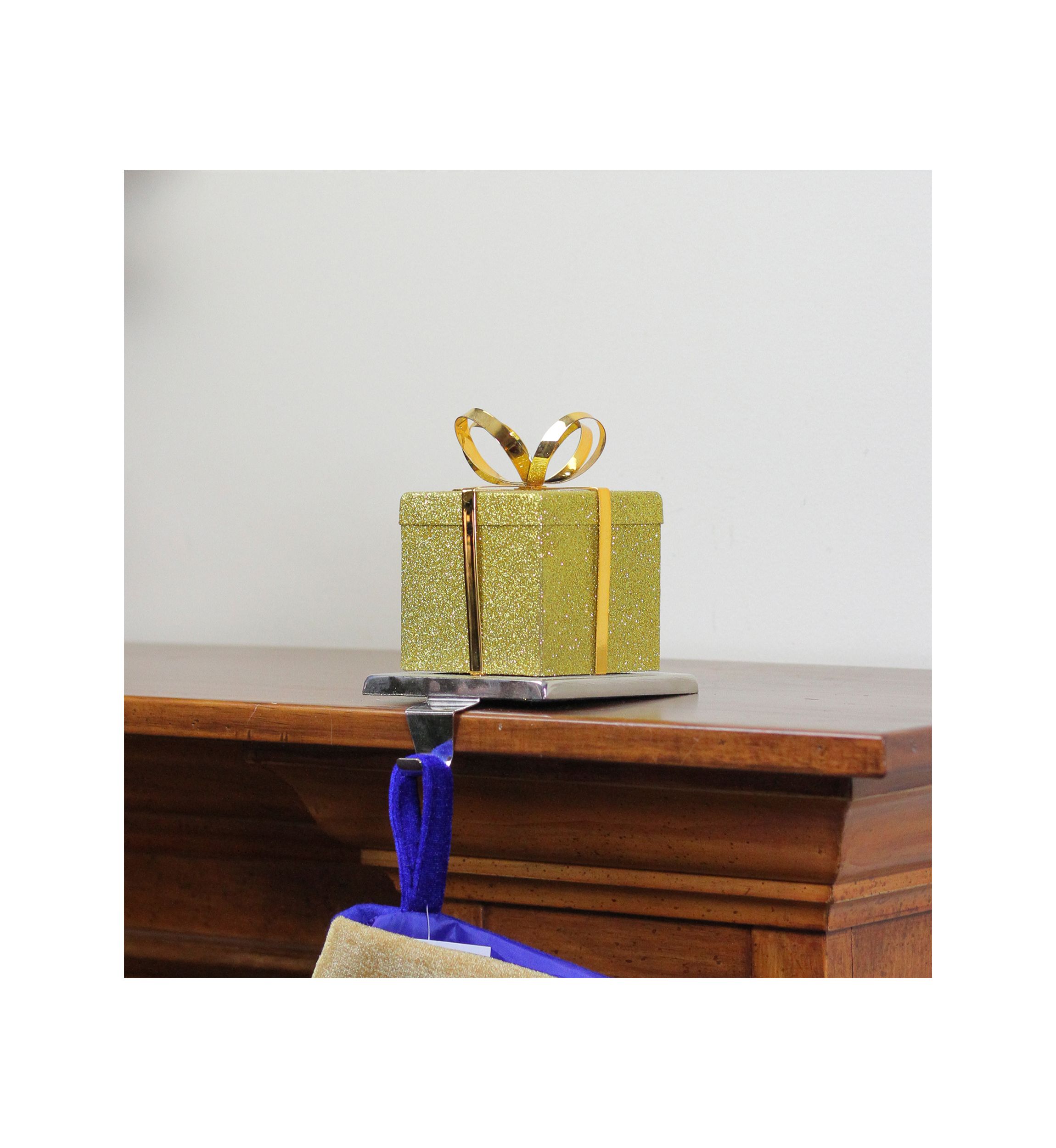 6Inch Silver and Gold Glittered Gift Box Christmas Stocking Holder