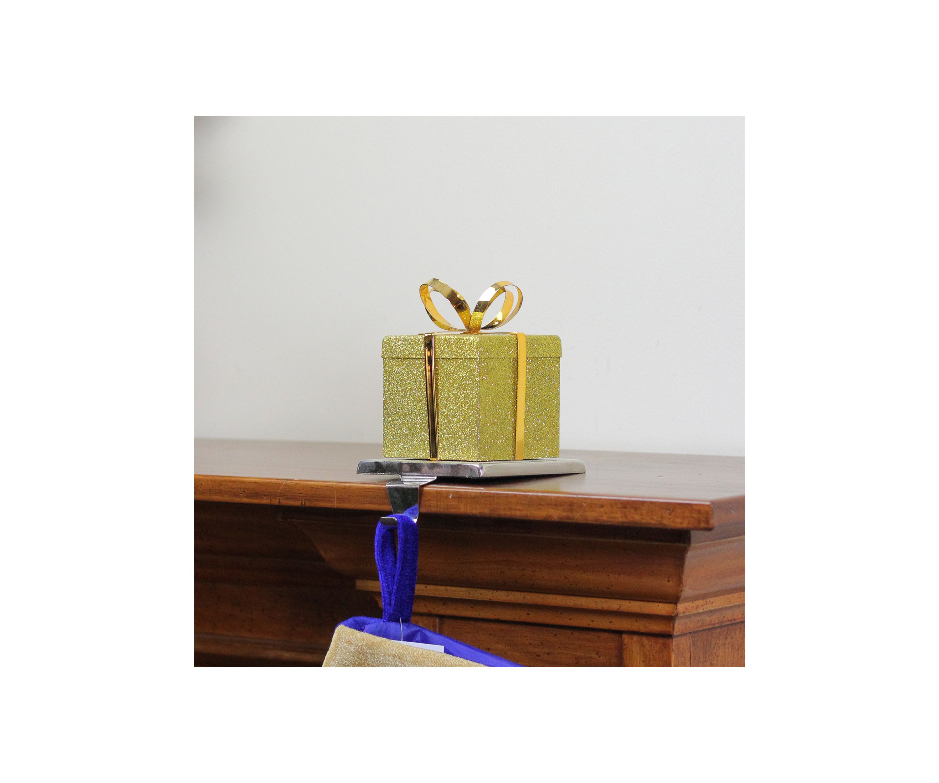 6Inch Silver and Gold Glittered Gift Box Christmas Stocking Holder