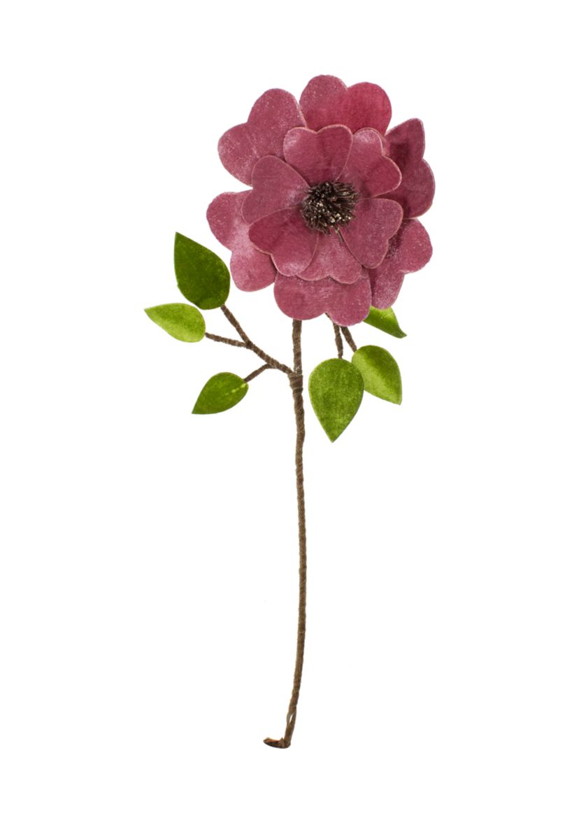 21.5Inch Pink Heart Flower with Stem and Leaves Christmas Pick