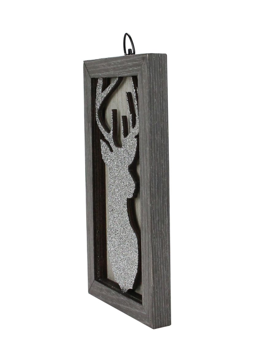 10.25Inch Silver Glittered Buck Silhouette Box Framed Christmas Wall Hanging
