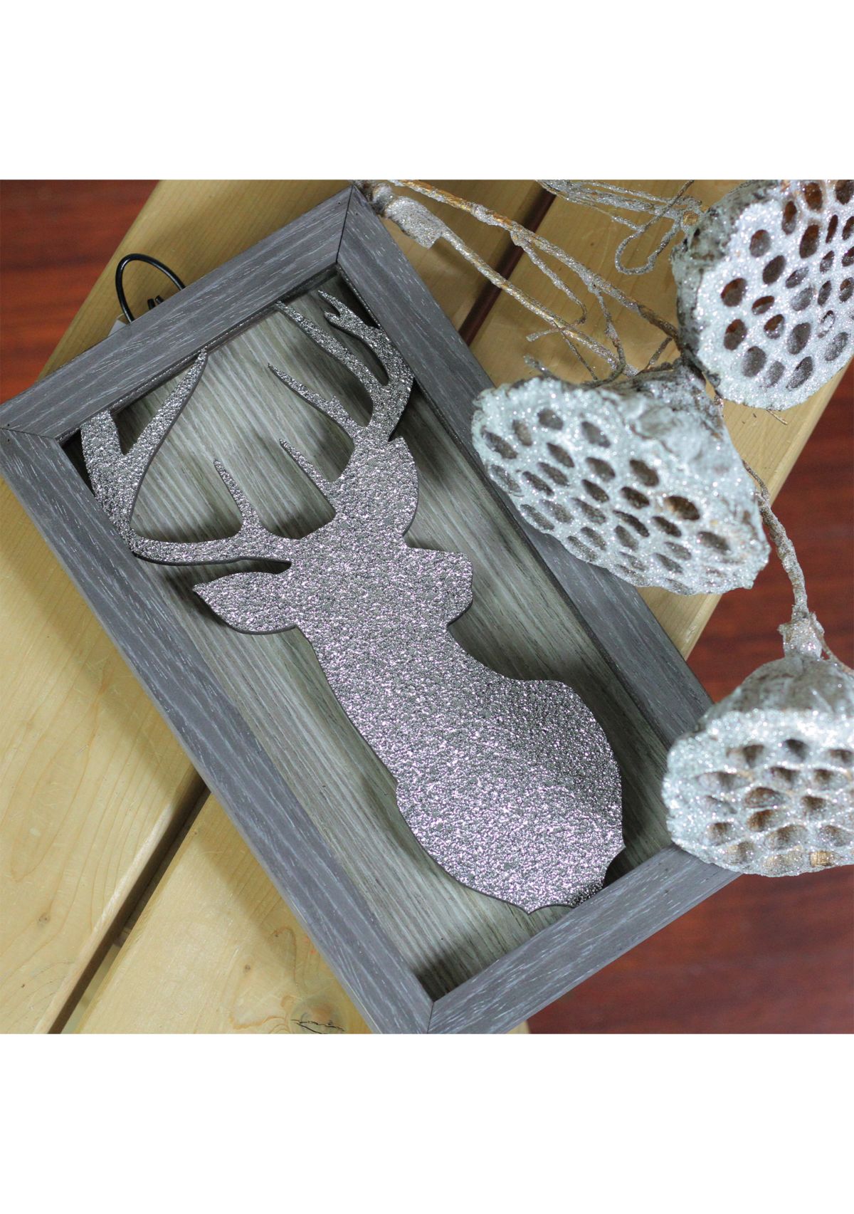 10.25Inch Silver Glittered Buck Silhouette Box Framed Christmas Wall Hanging