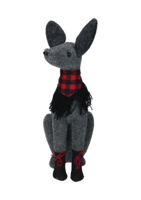 14.5Inch Gray and Red Sitting Dog with Plaid Collar Christmas Decoration