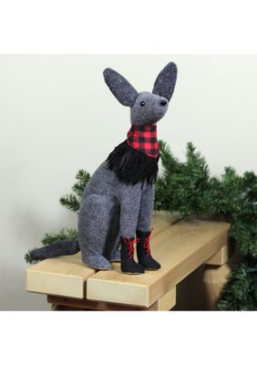 14.5Inch Gray and Red Sitting Dog with Plaid Collar Christmas Decoration