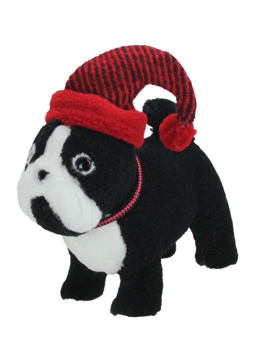 11.5Inch Black and White Plush Standing Bulldog with Red Hat Christmas Decoration