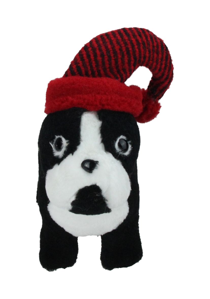 11.5Inch Black and White Plush Standing Bulldog with Red Hat Christmas Decoration