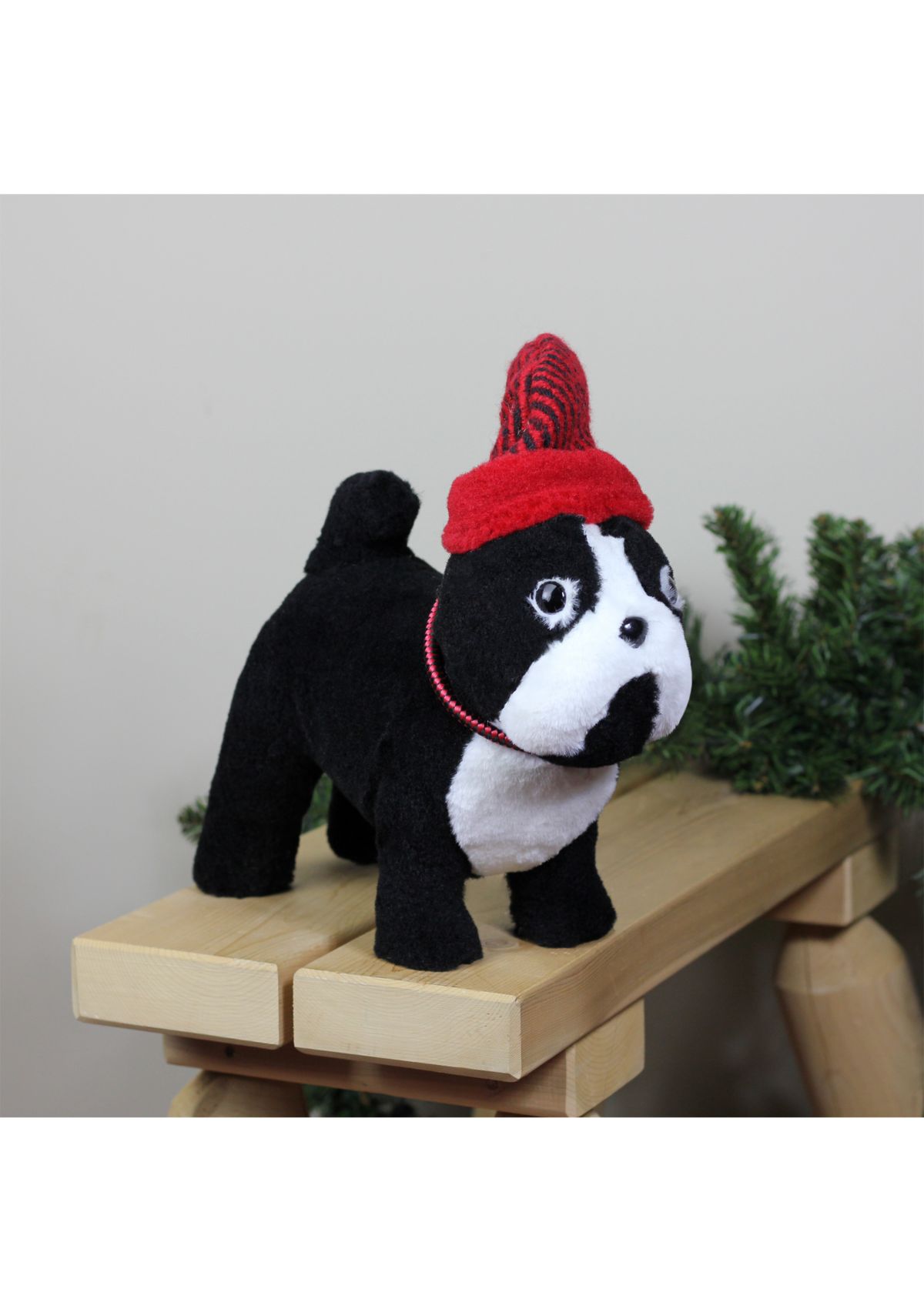 11.5Inch Black and White Plush Standing Bulldog with Red Hat Christmas Decoration