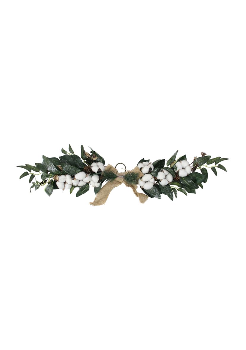 25Inch White Cotton and Foliage Christmas Twig Swag - Unlit