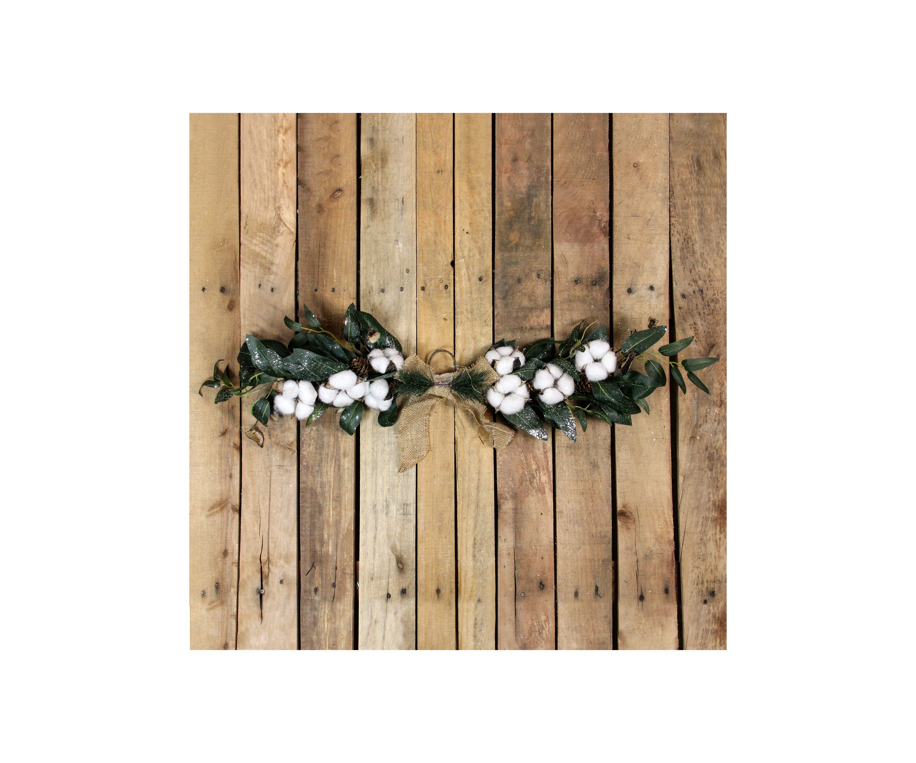 25Inch White Cotton and Foliage Christmas Twig Swag - Unlit