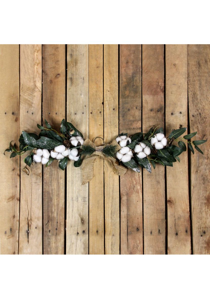 25Inch White Cotton and Foliage Christmas Twig Swag - Unlit