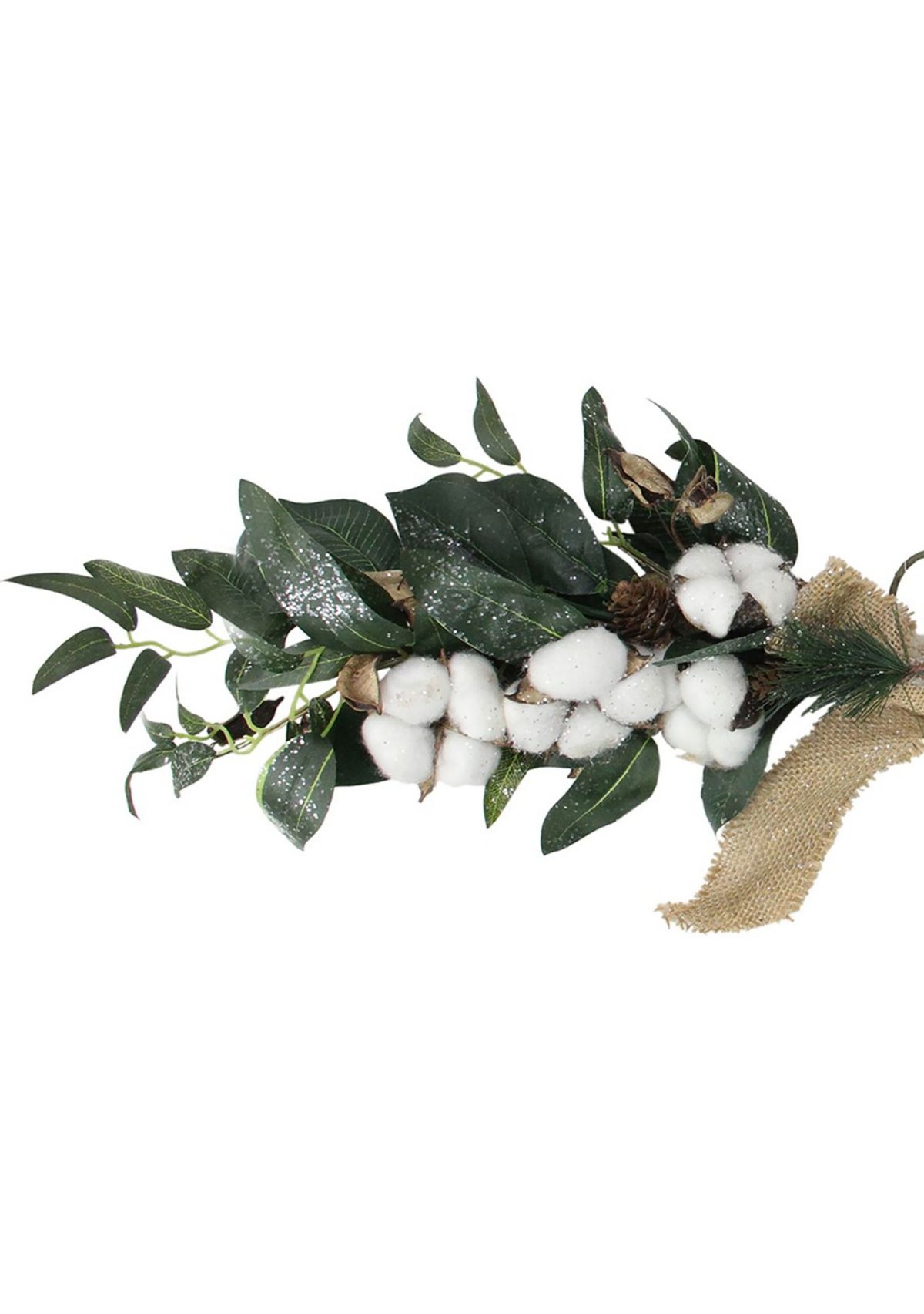 25Inch White Cotton and Foliage Christmas Twig Swag - Unlit
