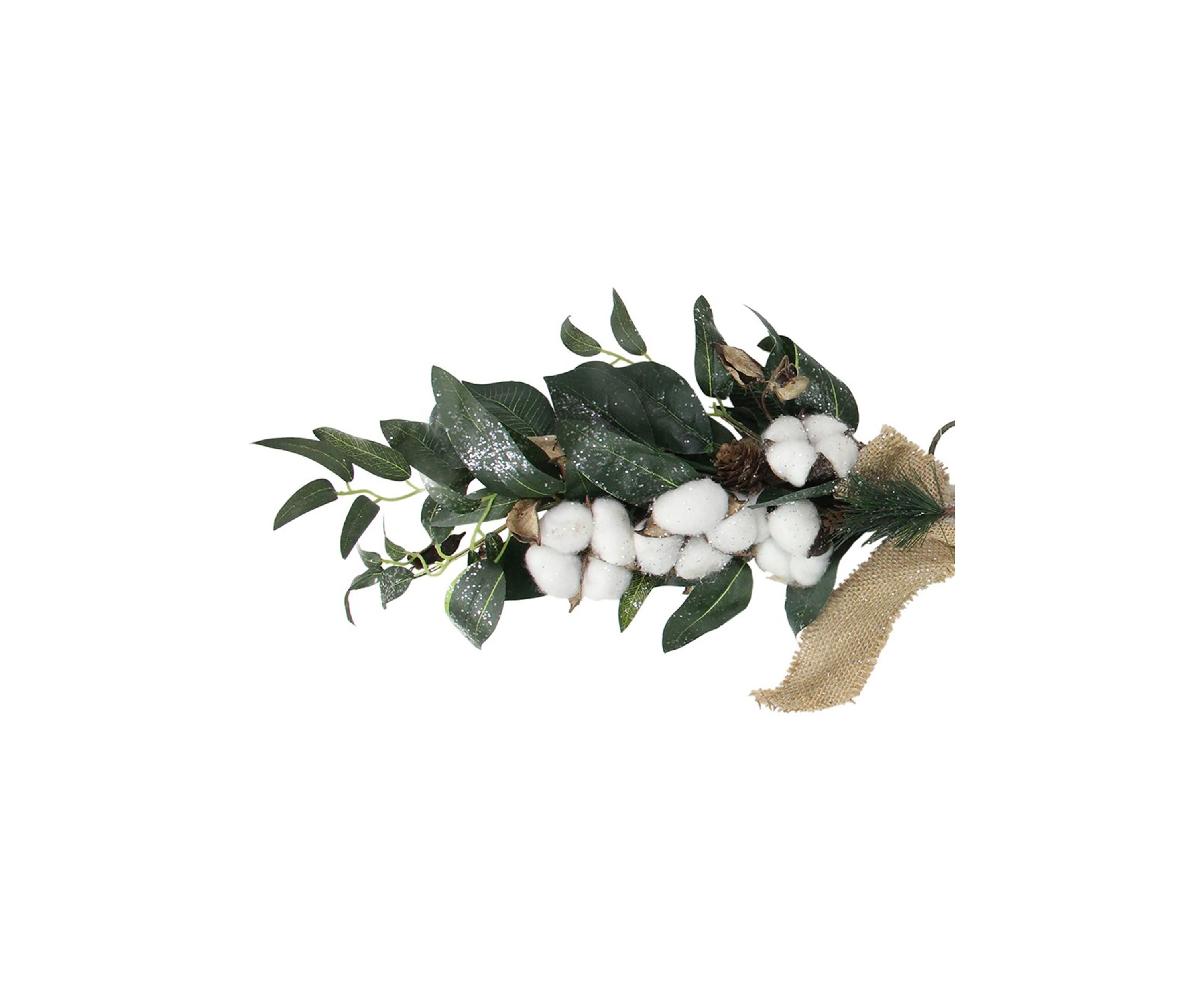 25Inch White Cotton and Foliage Christmas Twig Swag - Unlit