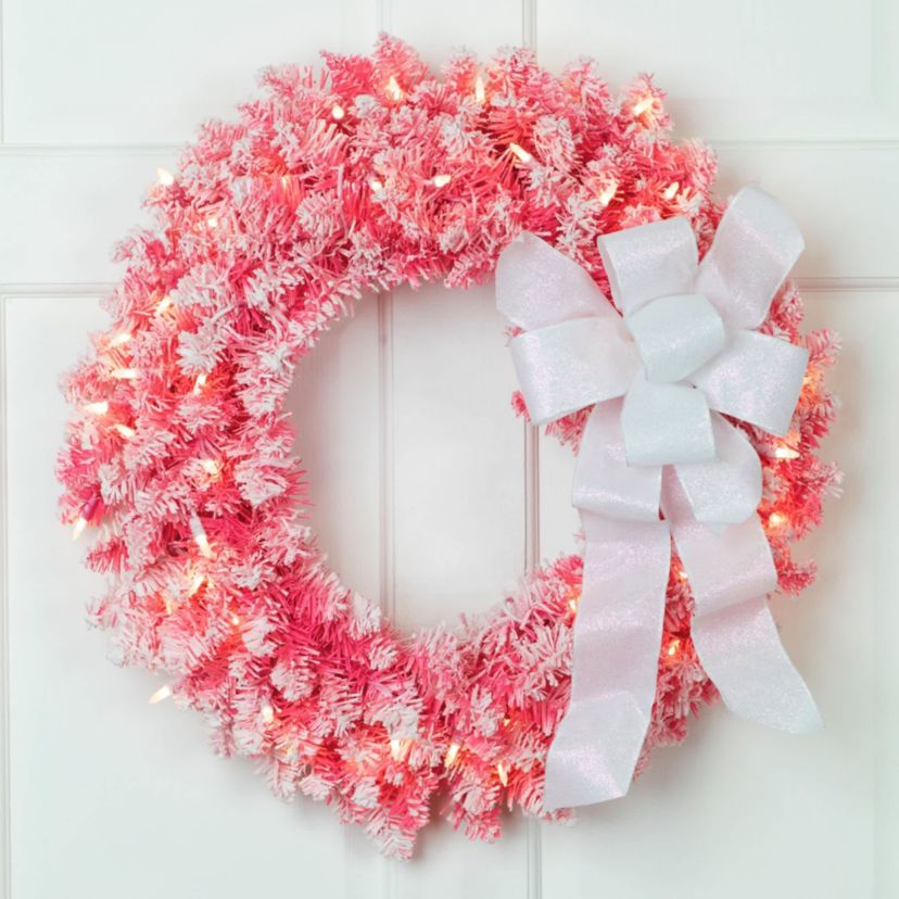 Pre-Lit Flocked Pink Artificial Christmas Wreath - 24"- Clear Lights