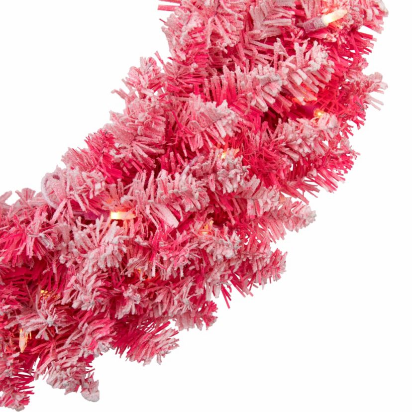 Pre-Lit Flocked Pink Artificial Christmas Wreath - 24"- Clear Lights