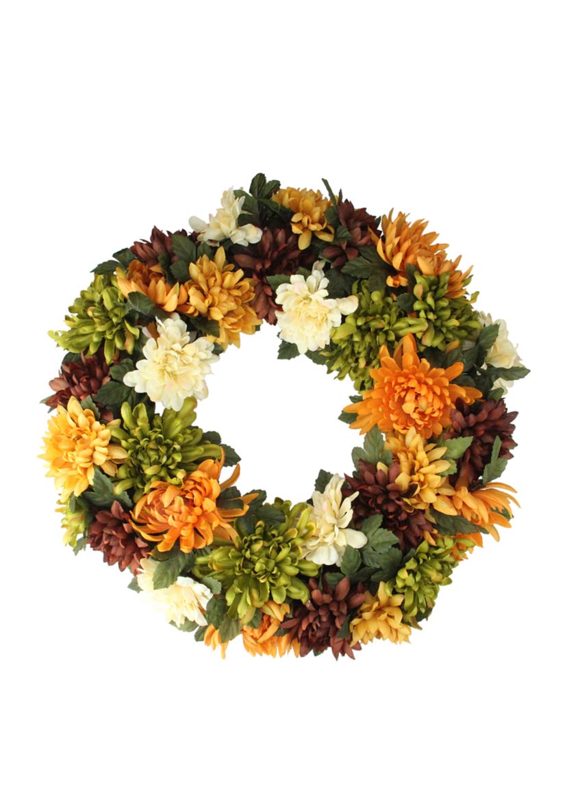 Autumn Orange and Green Chrysanthemum Artificial Thanksgiving Wreath - 19.5- inch  Unlit