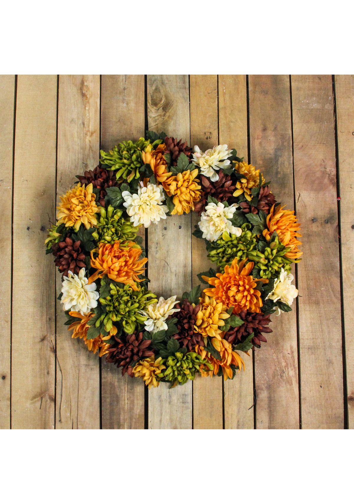 Autumn Orange and Green Chrysanthemum Artificial Thanksgiving Wreath - 19.5- inch  Unlit