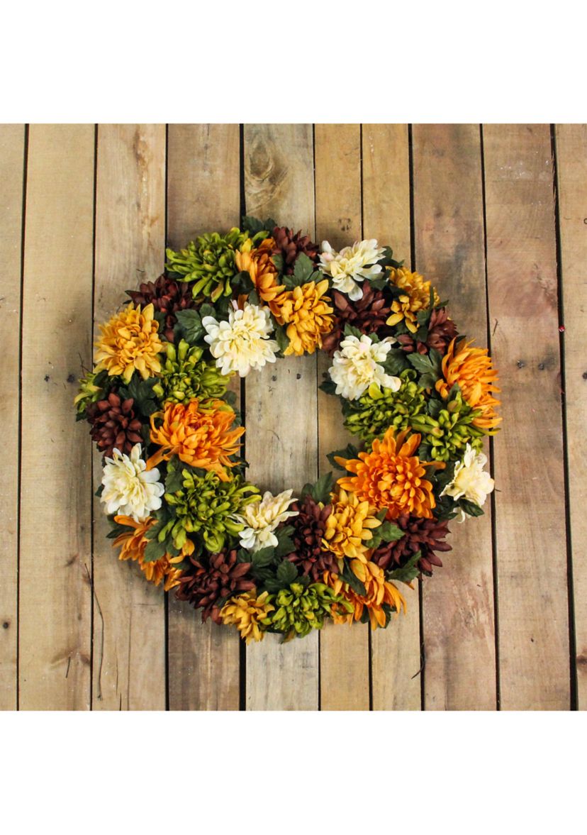 Autumn Orange and Green Chrysanthemum Artificial Thanksgiving Wreath - 19.5- inch  Unlit